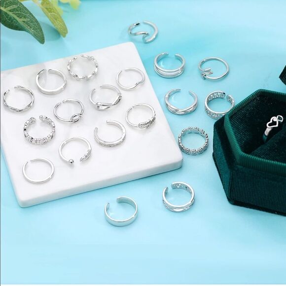 Silver Adjustable Boho Open Toe Rings - Set of 20 - Picture 6 of 11